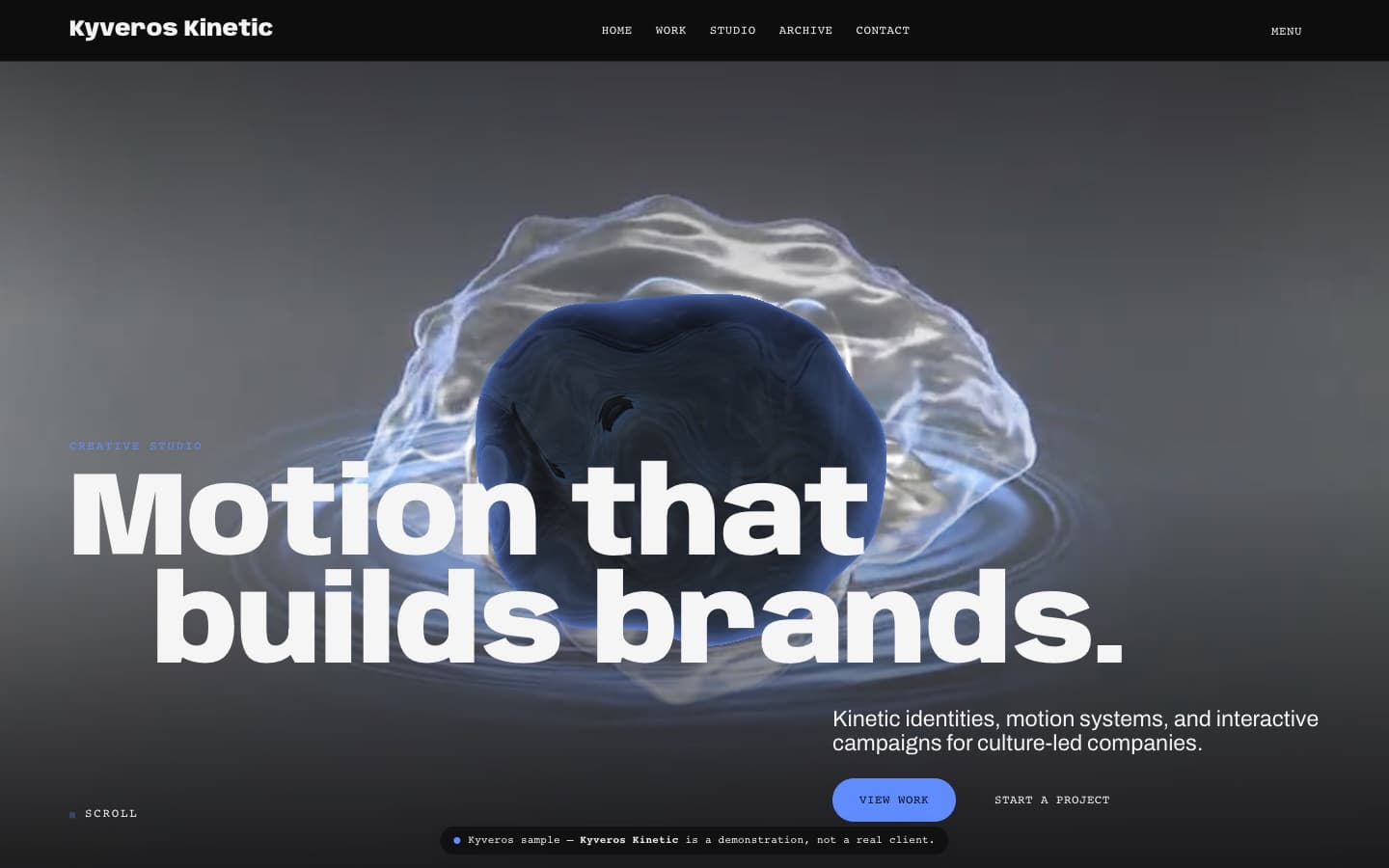 Kyveros Kinetic homepage with bold white type over a dark blue motion field.
