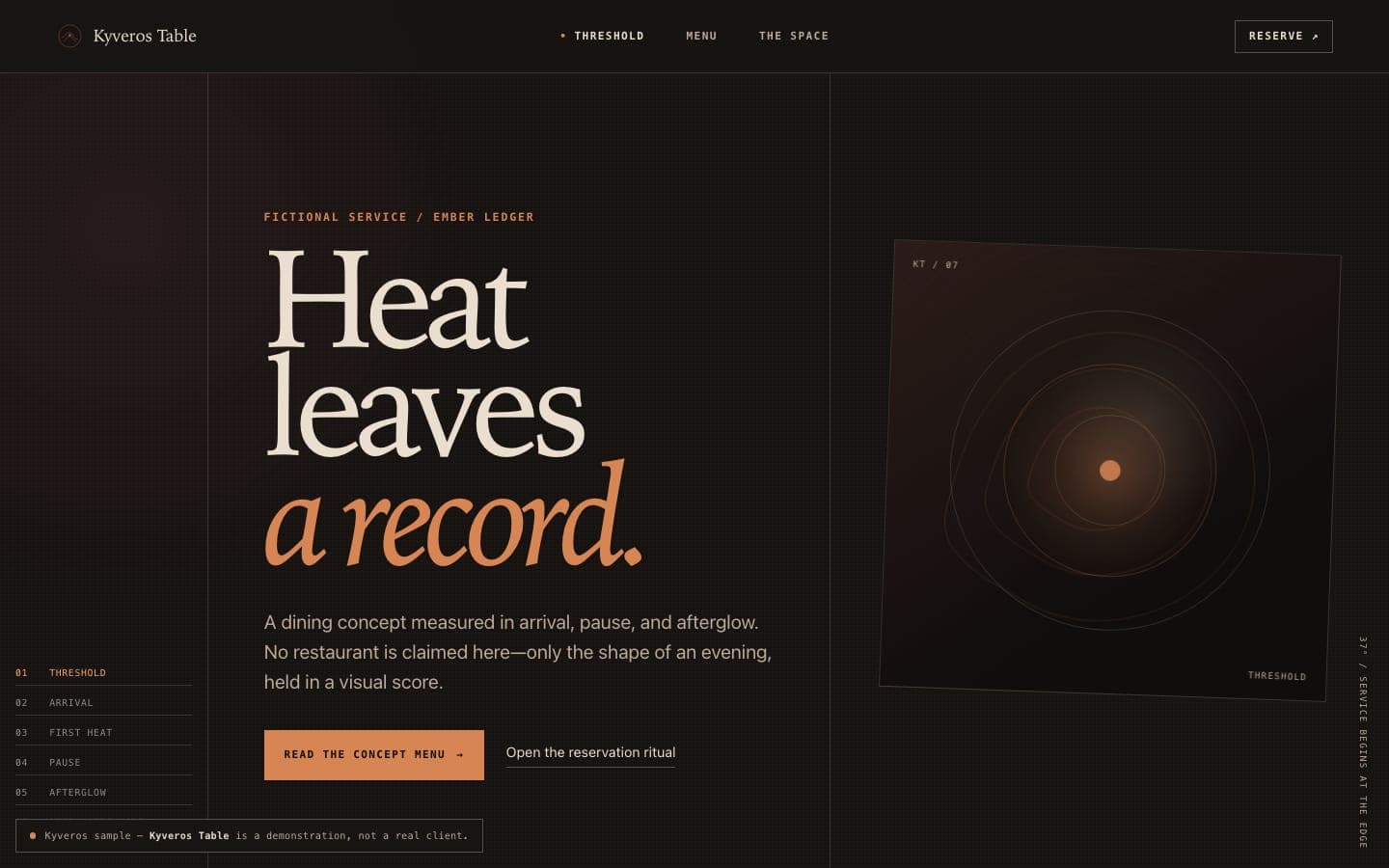 Kyveros Table homepage in dark brown and ember orange with a thermal service graphic.